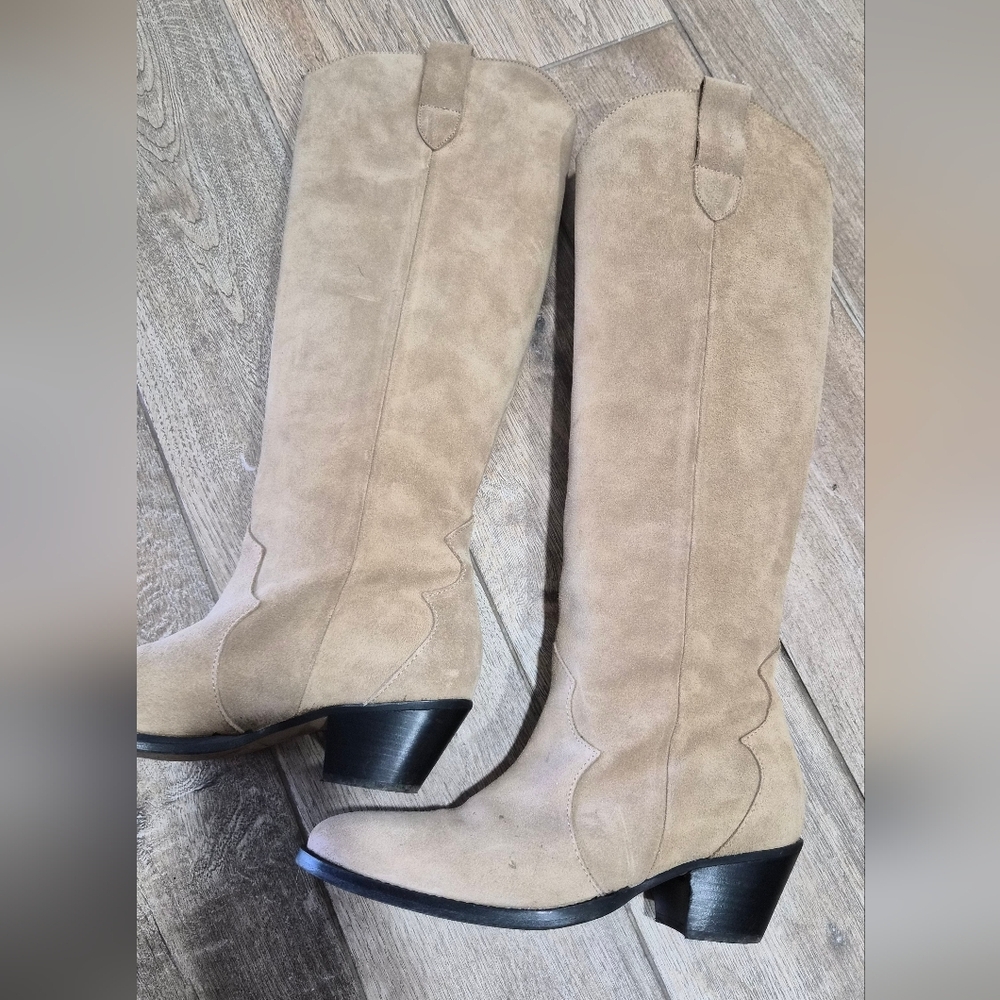 Anthropologie Knee High Beige Suede Western Boot Size 38 - Picture 8 of 10